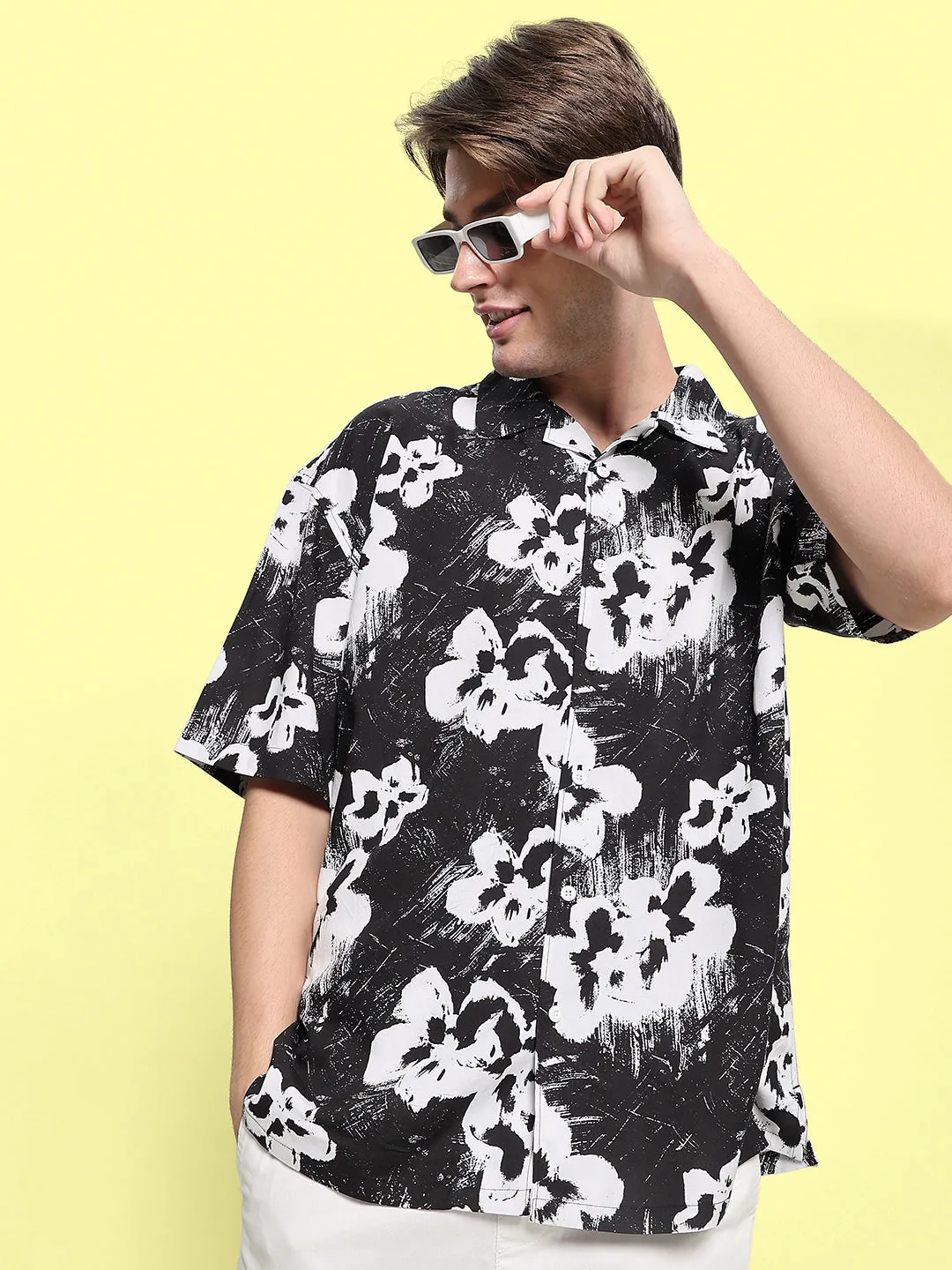 Men Black/White Oversized Digital Printed Shirt