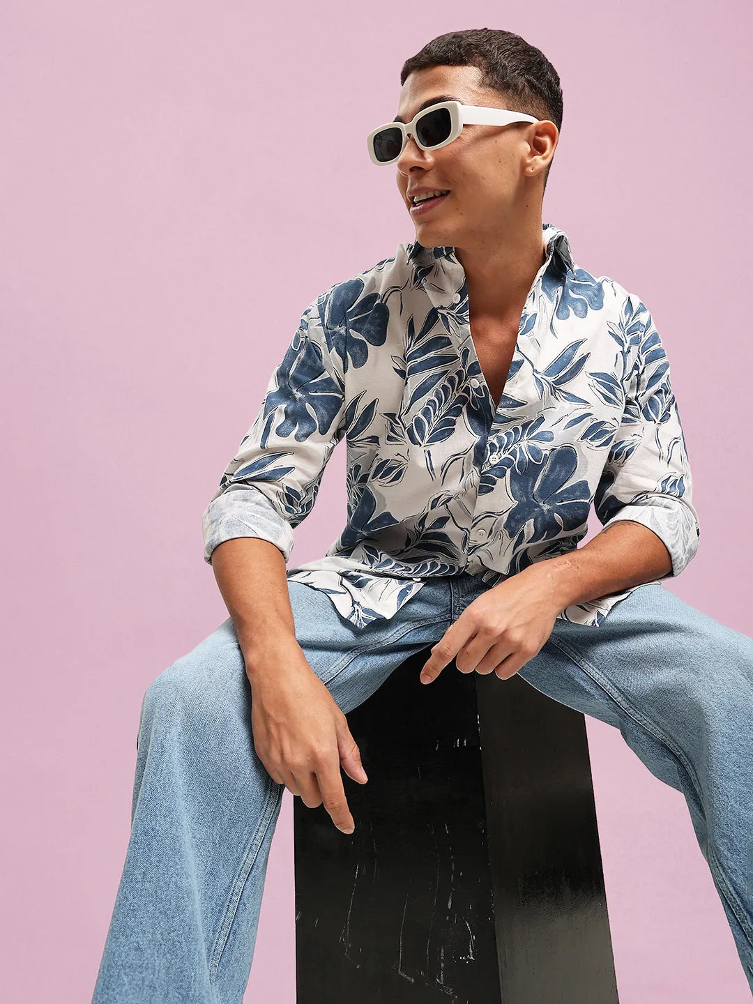 Men Blue Printed Full Sleeves Shirt