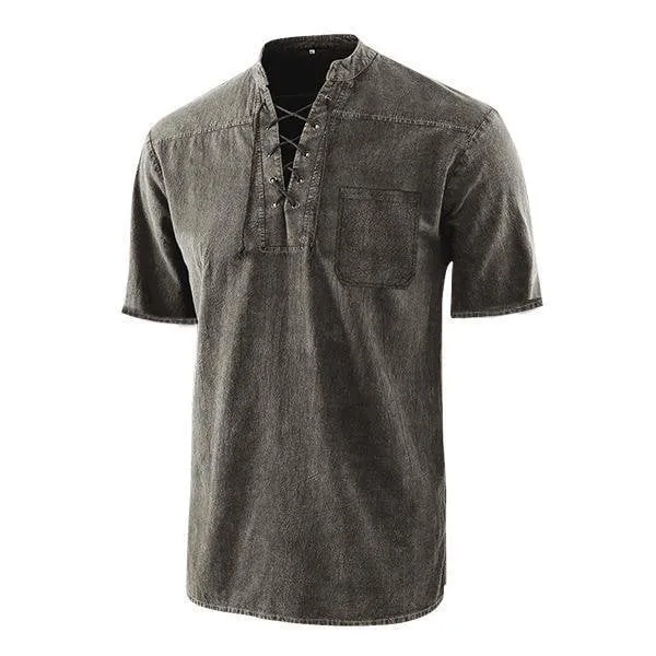 Men Gothic Retro T Shirt Lace-up V-neck Linen Pocket