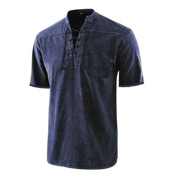Men Gothic Retro T Shirt Lace-up V-neck Linen Pocket