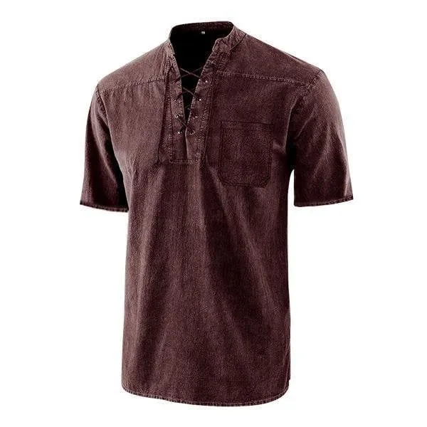 Men Gothic Retro T Shirt Lace-up V-neck Linen Pocket