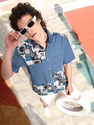 Men Stylish Blue and White Print Relax Fit Casual Shirt