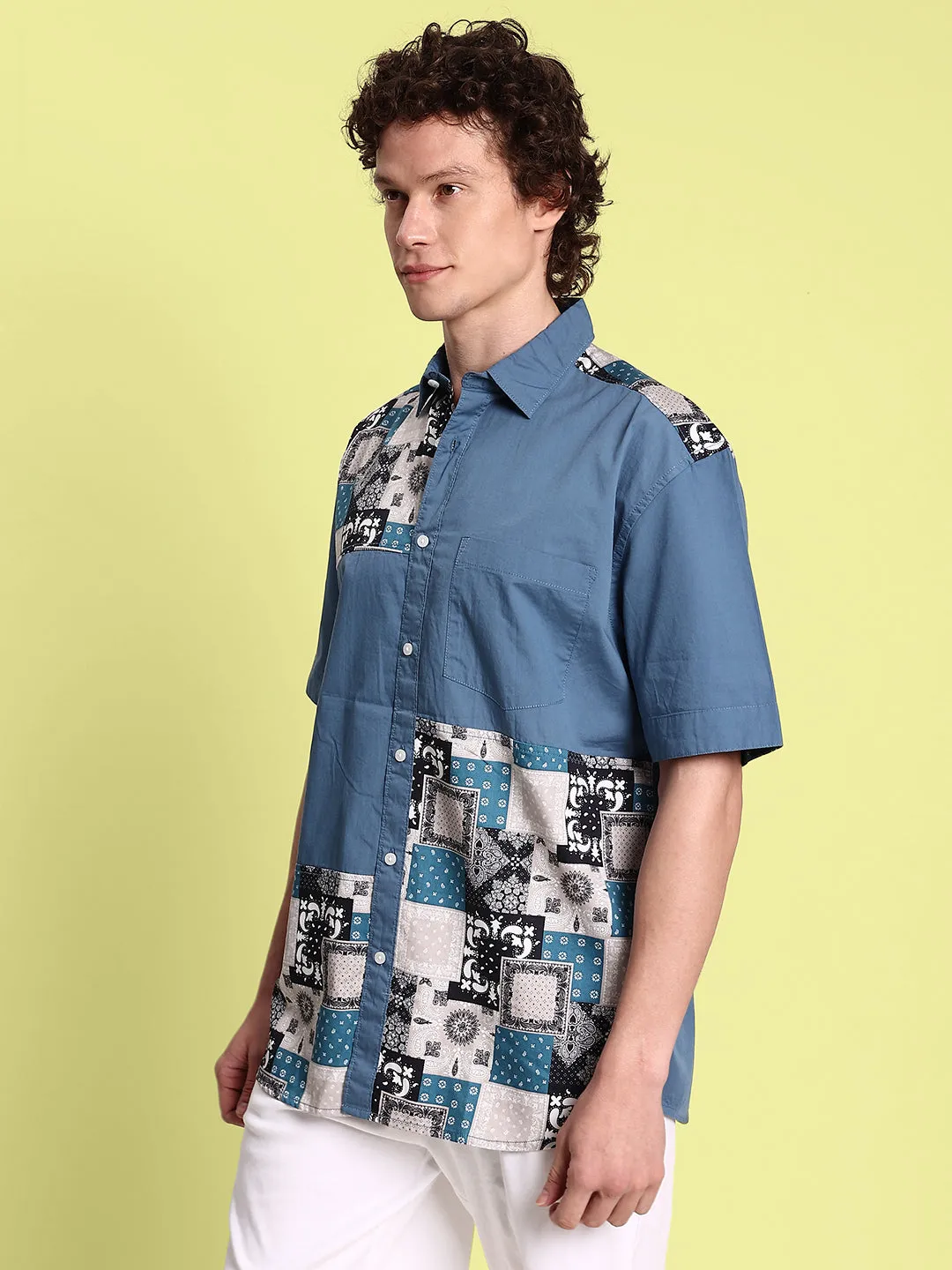 Men Stylish Blue and White Print Relax Fit Casual Shirt