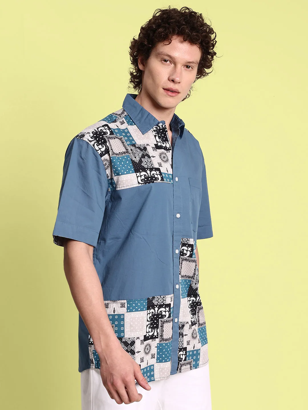 Men Stylish Blue and White Print Relax Fit Casual Shirt