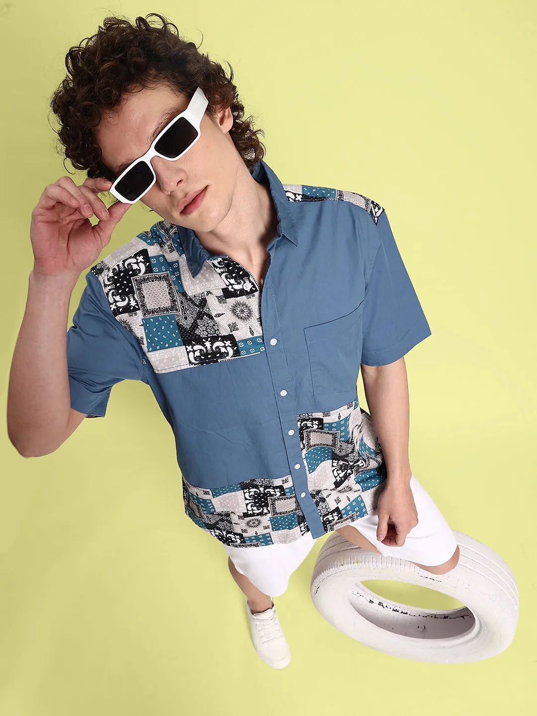 Men Stylish Blue and White Print Relax Fit Casual Shirt
