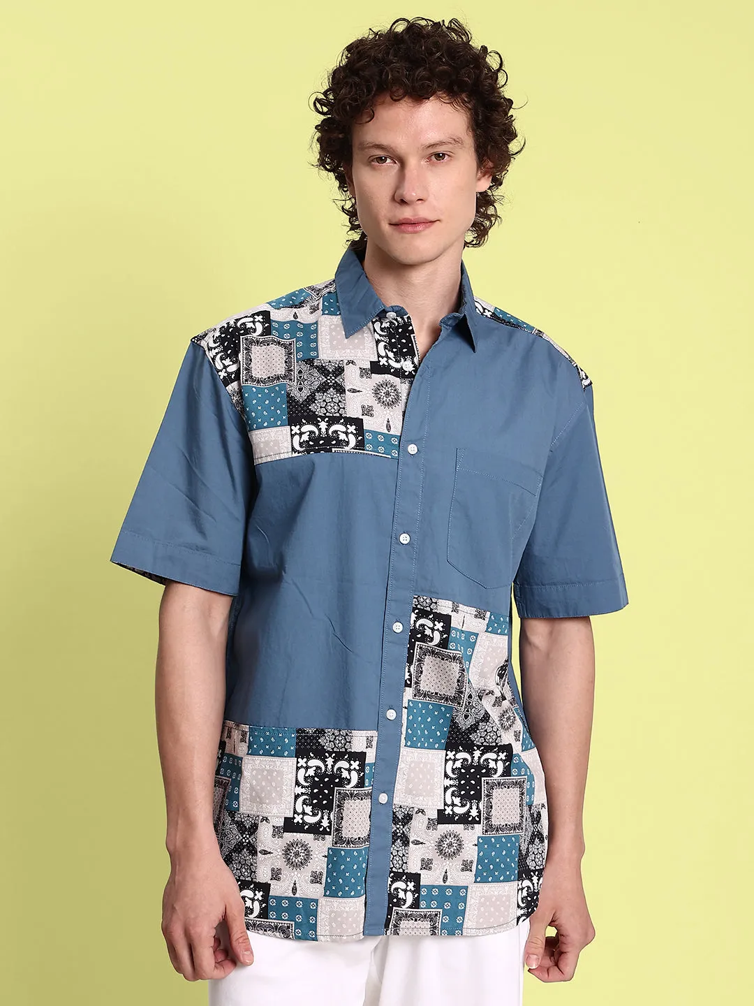 Men Stylish Blue and White Print Relax Fit Casual Shirt