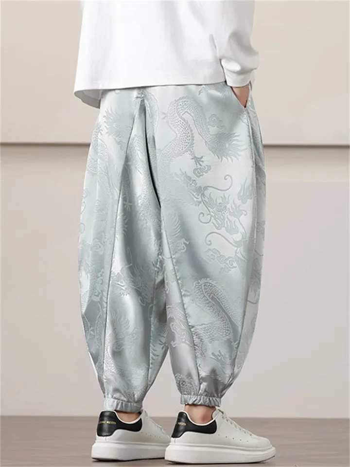 Men's Chinese Dragon Printed Ankle-tied Ice Silk Lantern Pants