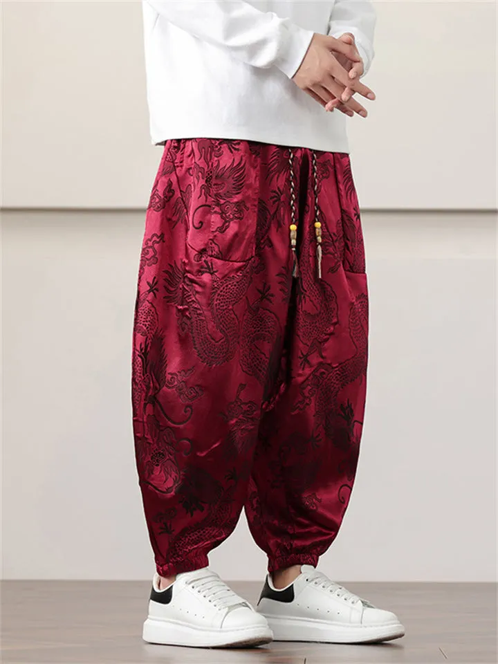 Men's Chinese Dragon Printed Ankle-tied Ice Silk Lantern Pants