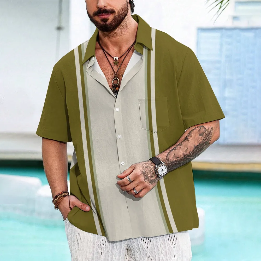 Men's Color Paneled Chest Pocket Bowling Shirt