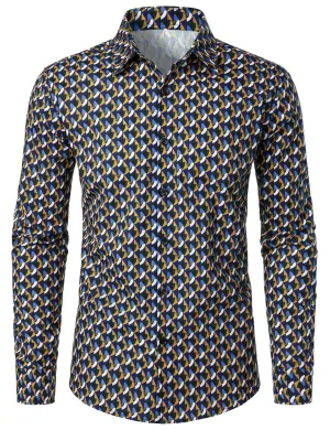 Men's Geometric Print Casual Cotton Button Long Sleeve Shirt