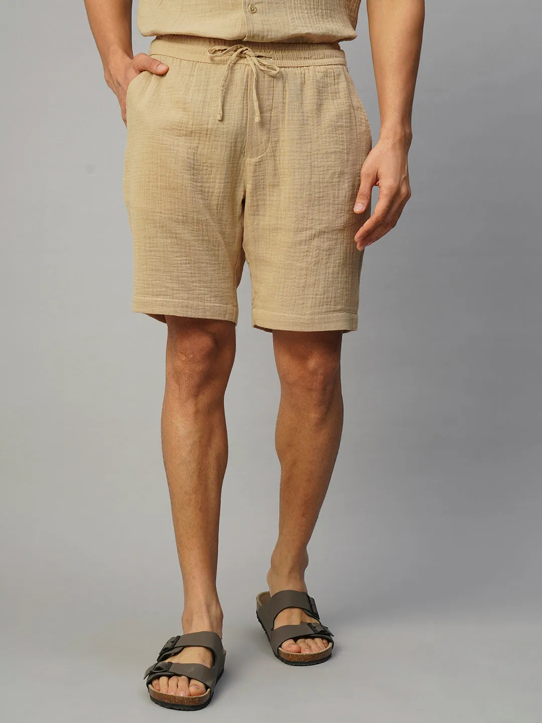 Men's Khaki Cotton Regular Fit Shorts