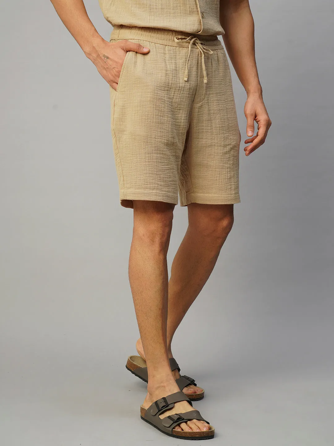 Men's Khaki Cotton Regular Fit Shorts