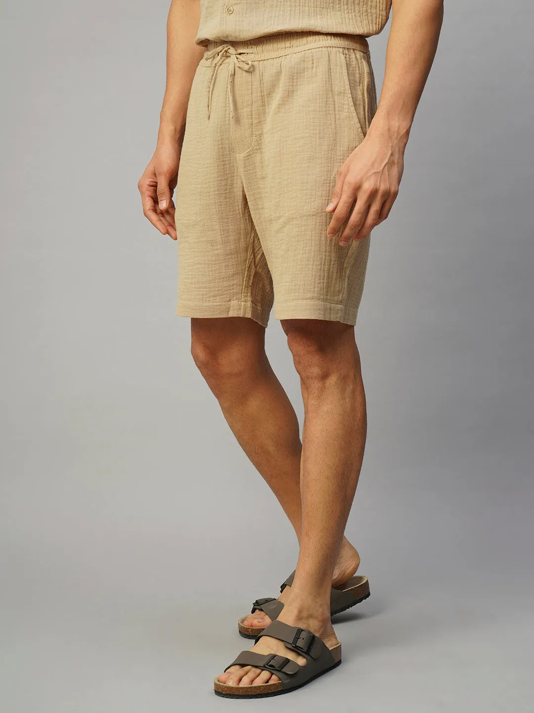 Men's Khaki Cotton Regular Fit Shorts