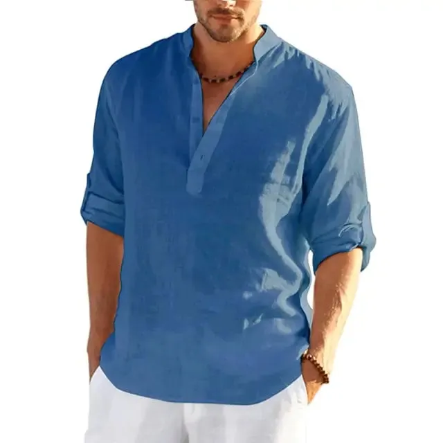 Men's Linen V-neck Long Sleeve Shirt