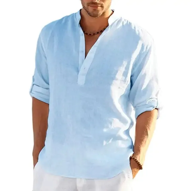 Men's Linen V-neck Long Sleeve Shirt
