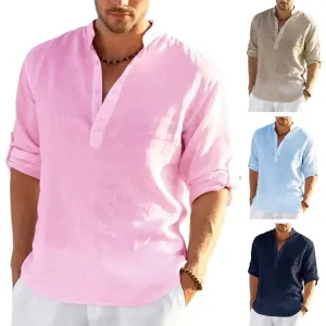 Men's Linen V-neck Long Sleeve Shirt