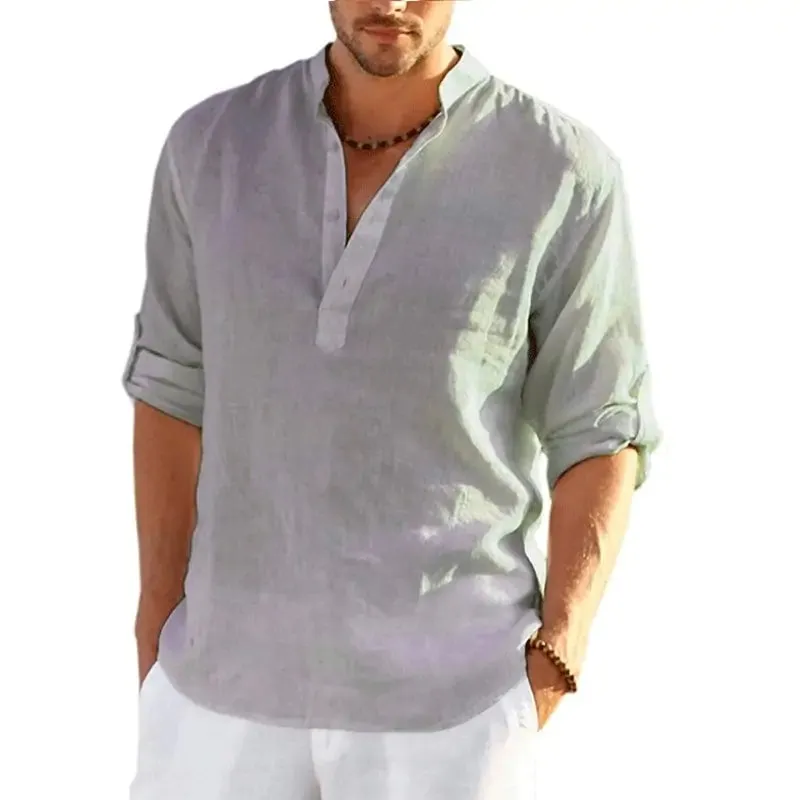 Men's Linen V-neck Long Sleeve Shirt