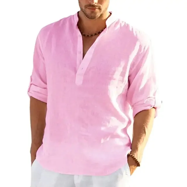 Men's Linen V-neck Long Sleeve Shirt