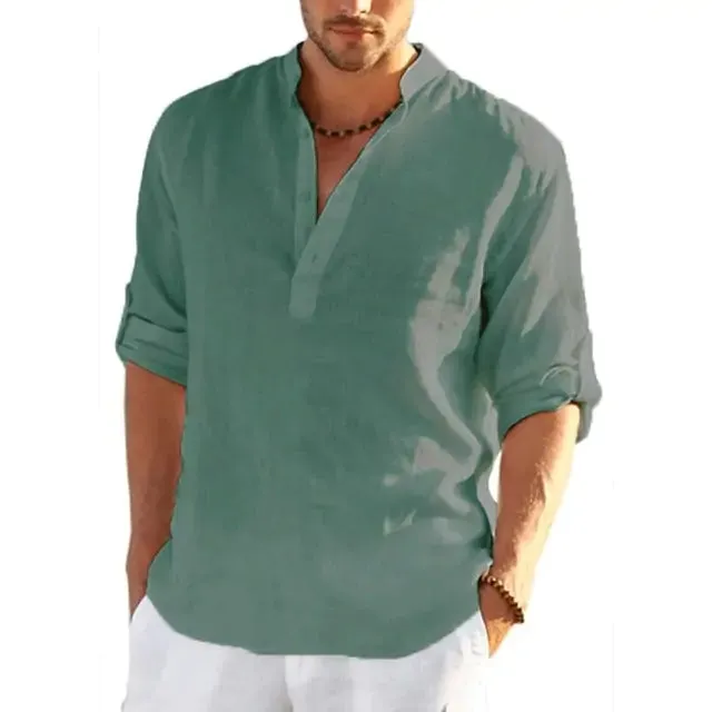 Men's Linen V-neck Long Sleeve Shirt