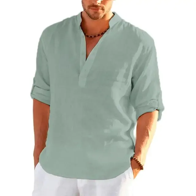 Men's Linen V-neck Long Sleeve Shirt