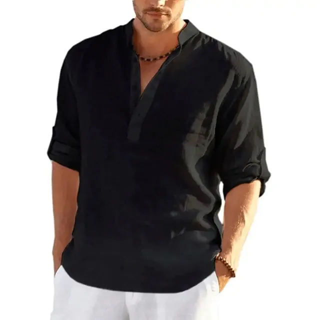 Men's Linen V-neck Long Sleeve Shirt