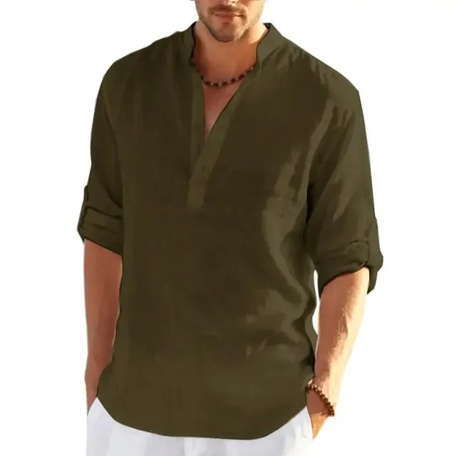 Men's Linen V-neck Long Sleeve Shirt