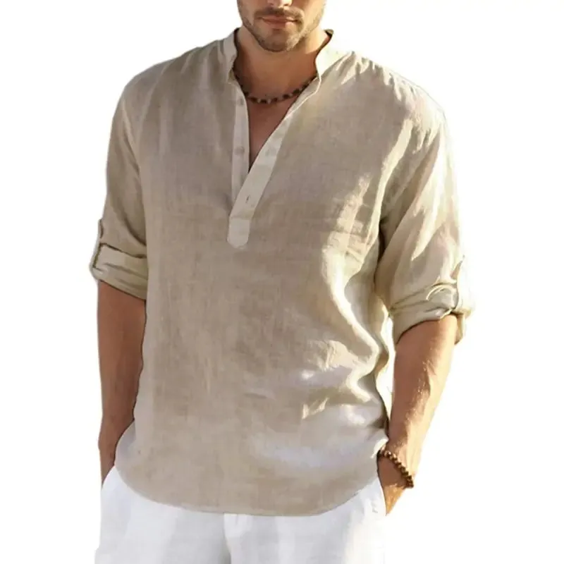 Men's Linen V-neck Long Sleeve Shirt