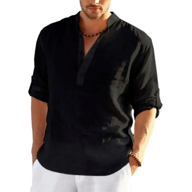 Men's Linen V-neck Long Sleeve Shirt