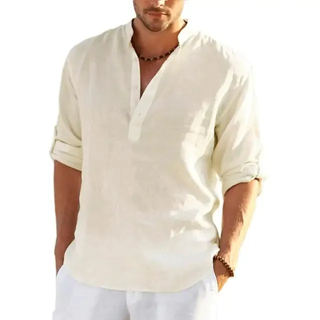 Men's Linen V-neck Long Sleeve Shirt