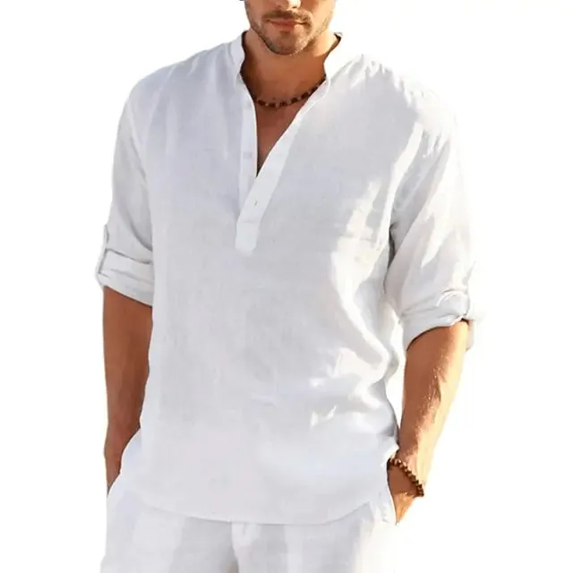 Men's Linen V-neck Long Sleeve Shirt