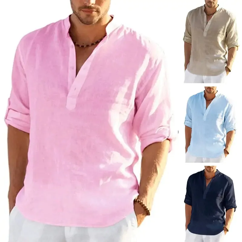 Men's Linen V-neck Long Sleeve Shirt