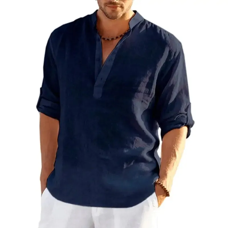Men's Linen V-neck Long Sleeve Shirt