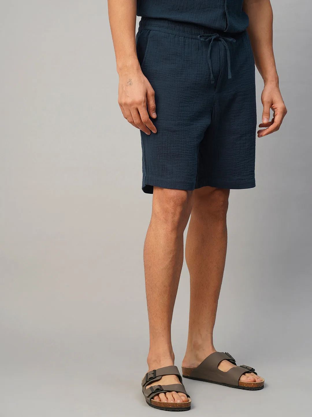 Men's Navy Cotton Regular Fit Shorts