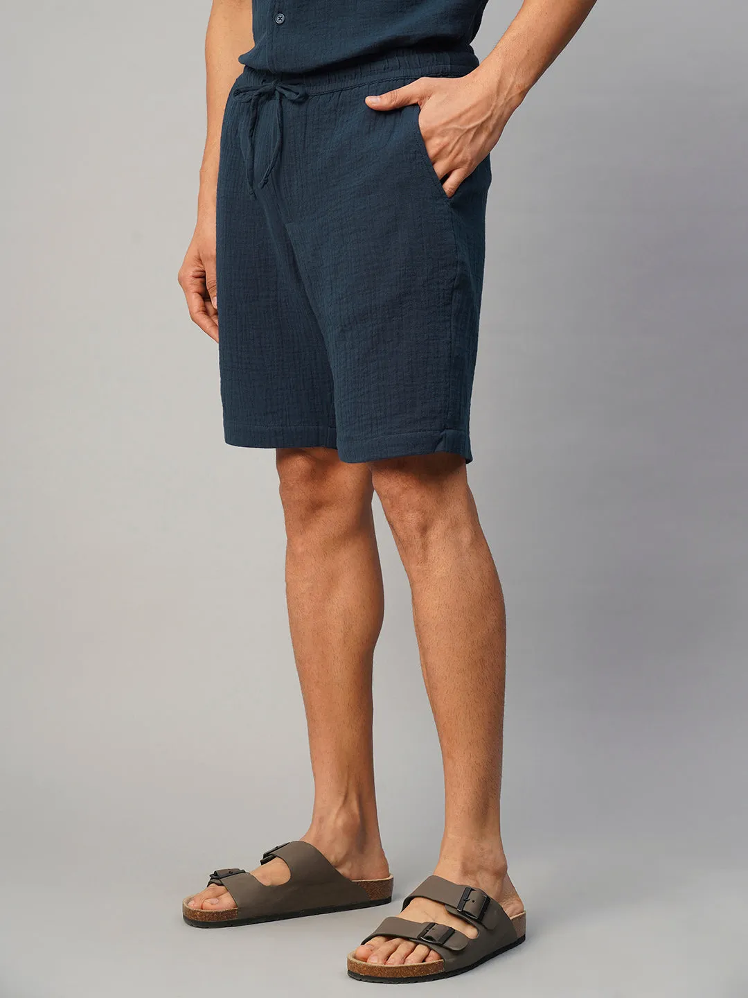 Men's Navy Cotton Regular Fit Shorts