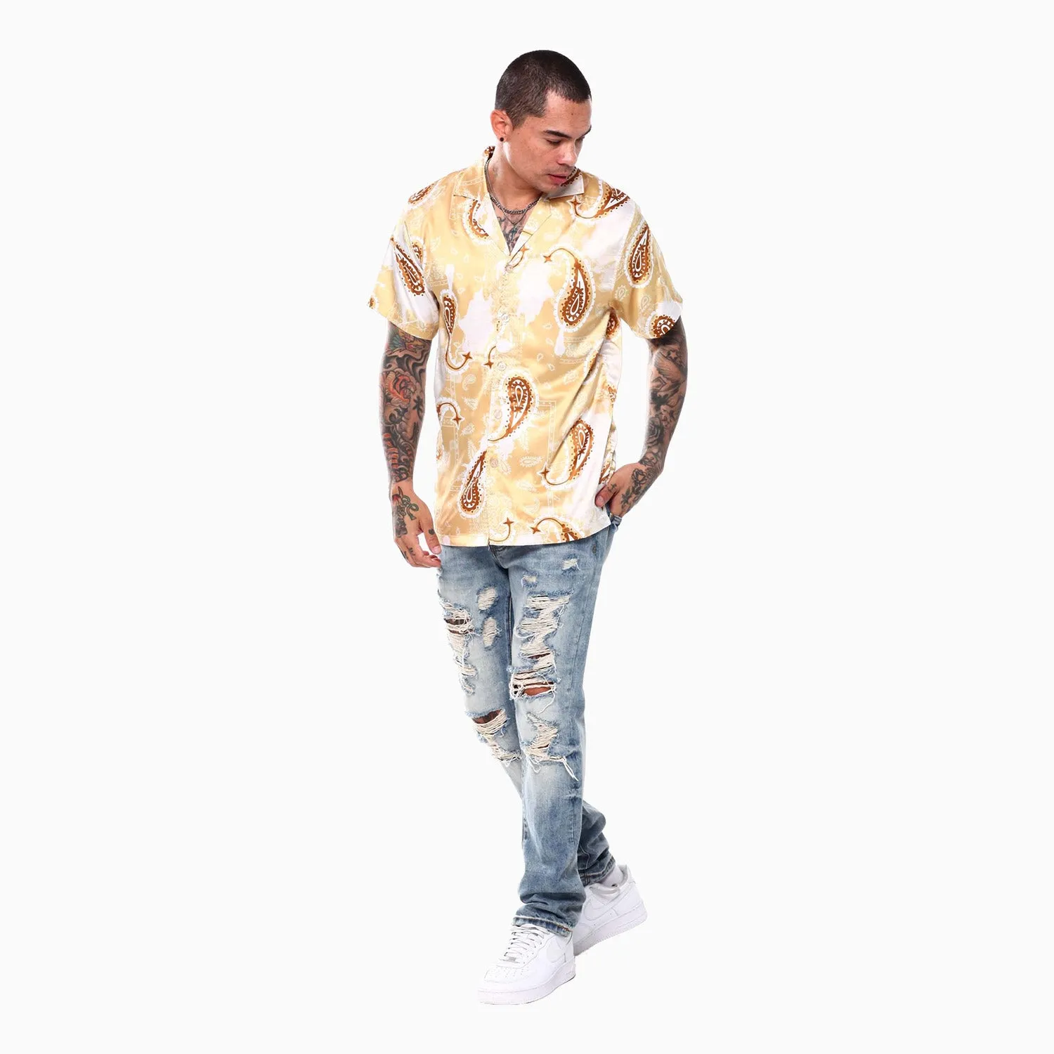Men's Paisley Satin Shirts And Shorts Outfit