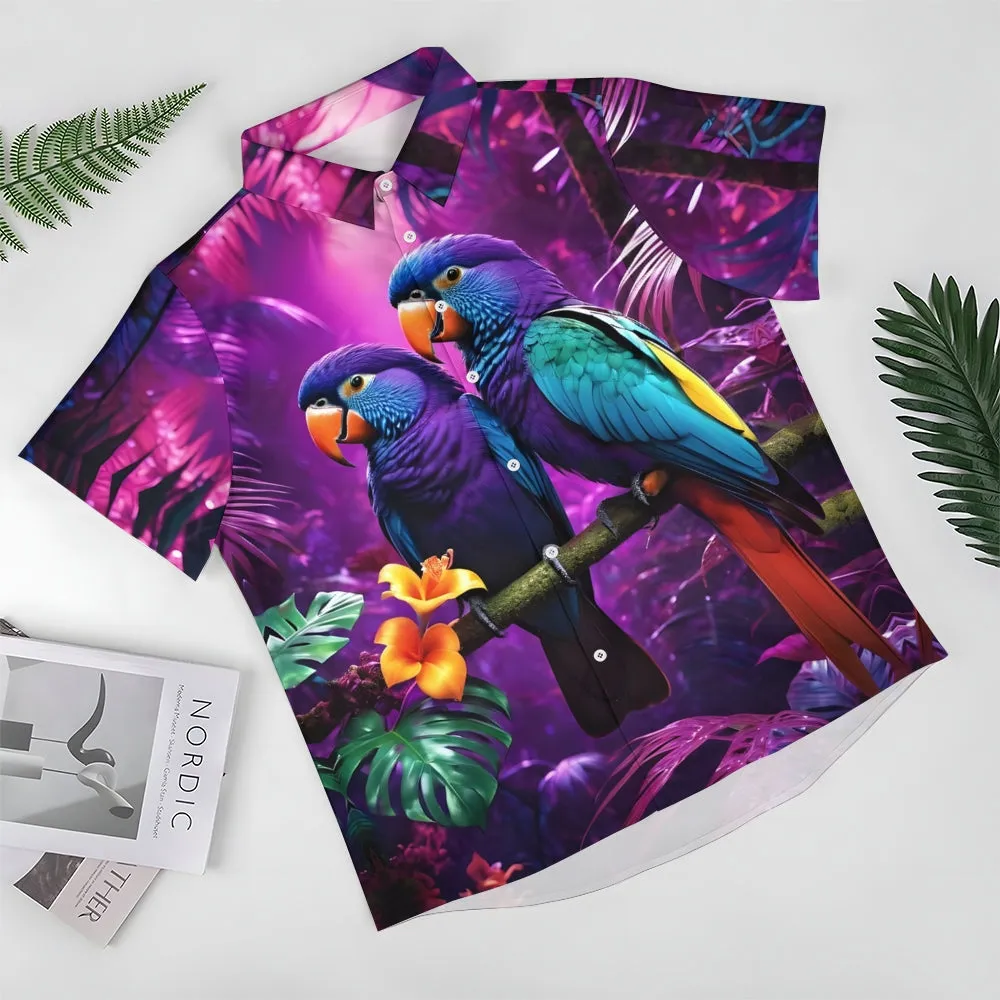 Men's Purple Parrot Print Casual Short Sleeve Shirt 2403000532