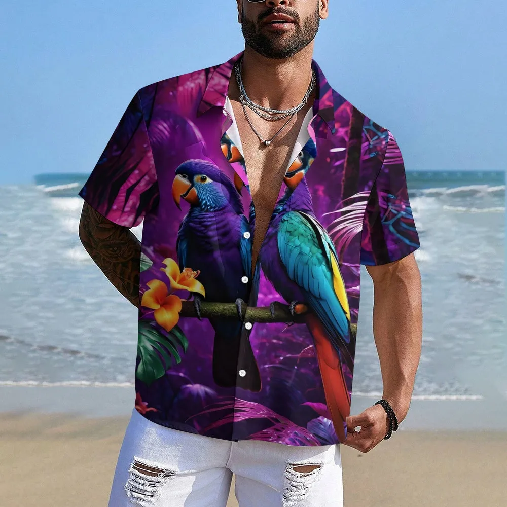 Men's Purple Parrot Print Casual Short Sleeve Shirt 2403000532