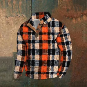 Men's Retro Autumn Plaid Print Standing Collar Button Casual Sweatshirt