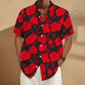 Men's Rose Print Button Short Sleeve Shirt
