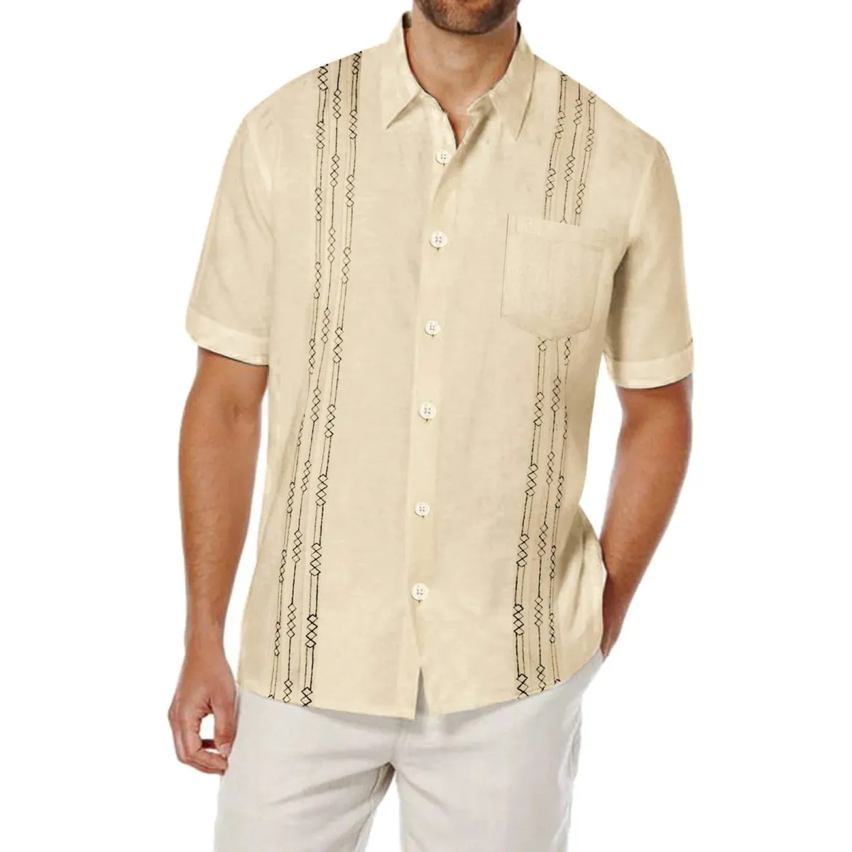 Men's Short Sleeve Linen Shirt Cuban Beach Tops Pocket Guayabera Shirts Social dress shirt Solid Shirts Flower Holiday