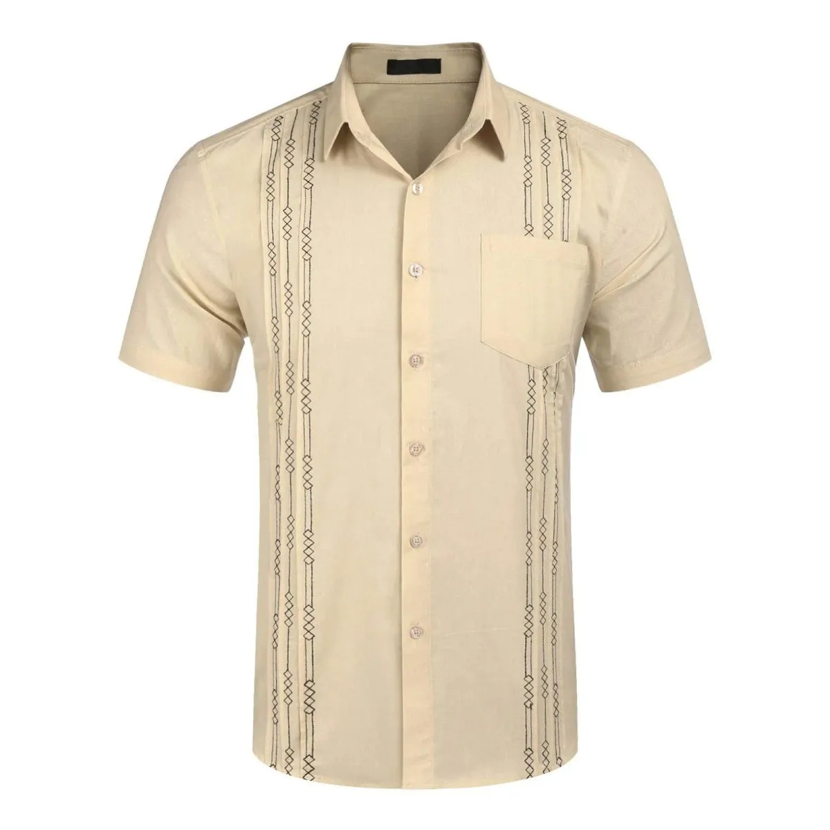 Men's Short Sleeve Linen Shirt Cuban Beach Tops Pocket Guayabera Shirts Social dress shirt Solid Shirts Flower Holiday