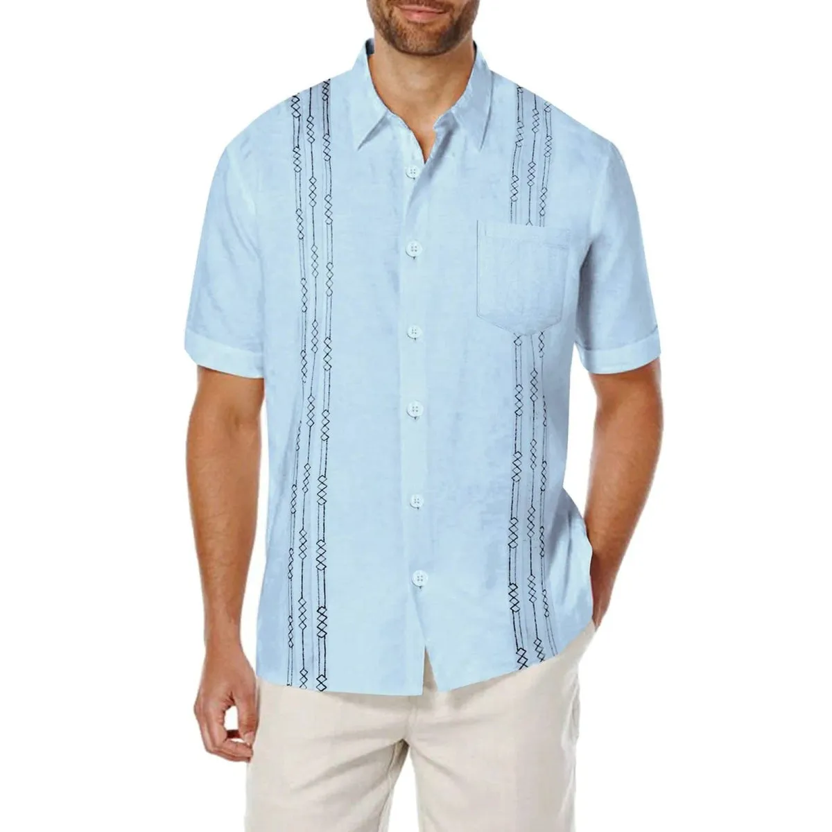 Men's Short Sleeve Linen Shirt Cuban Beach Tops Pocket Guayabera Shirts Social dress shirt Solid Shirts Flower Holiday