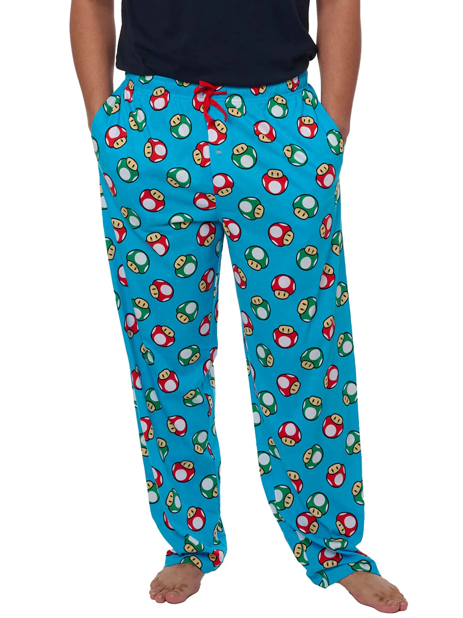 Men's Super Mario Bros Pajama Pants Lounge Wear Nintendo Mushrooms Blue