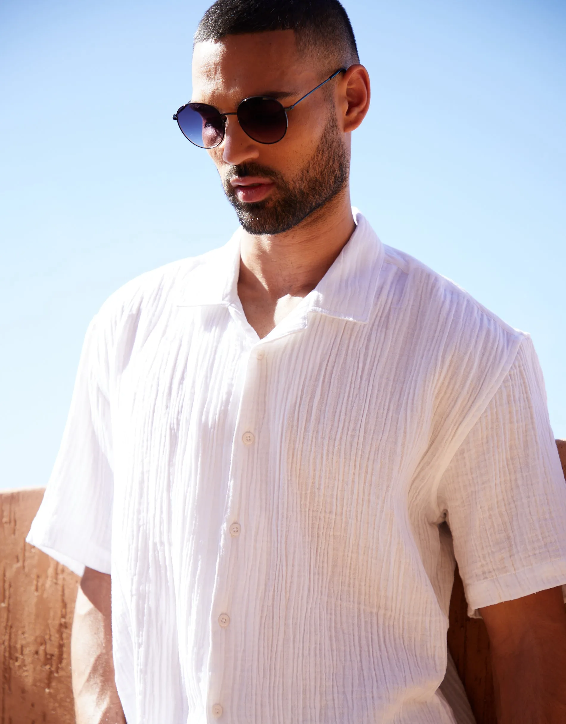 Men's White Cotton Gauze Revere Collar Short Sleeve Shirt