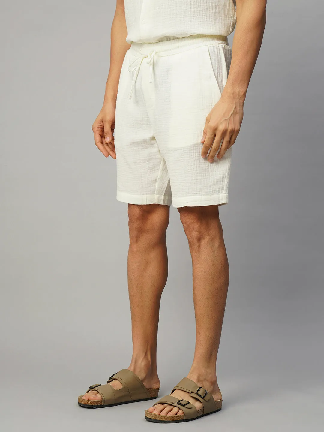 Men's White Cotton Regular Fit Shorts