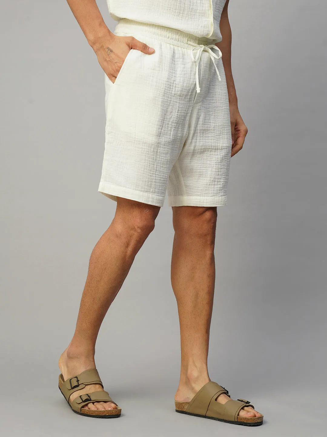 Men's White Cotton Regular Fit Shorts
