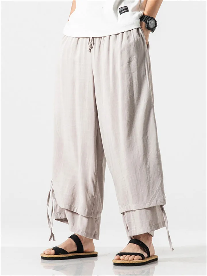 Men's Zen Style Side Slit Lace Up Layered Linen Pants