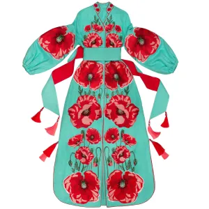 Mint dress with embroidered poppies