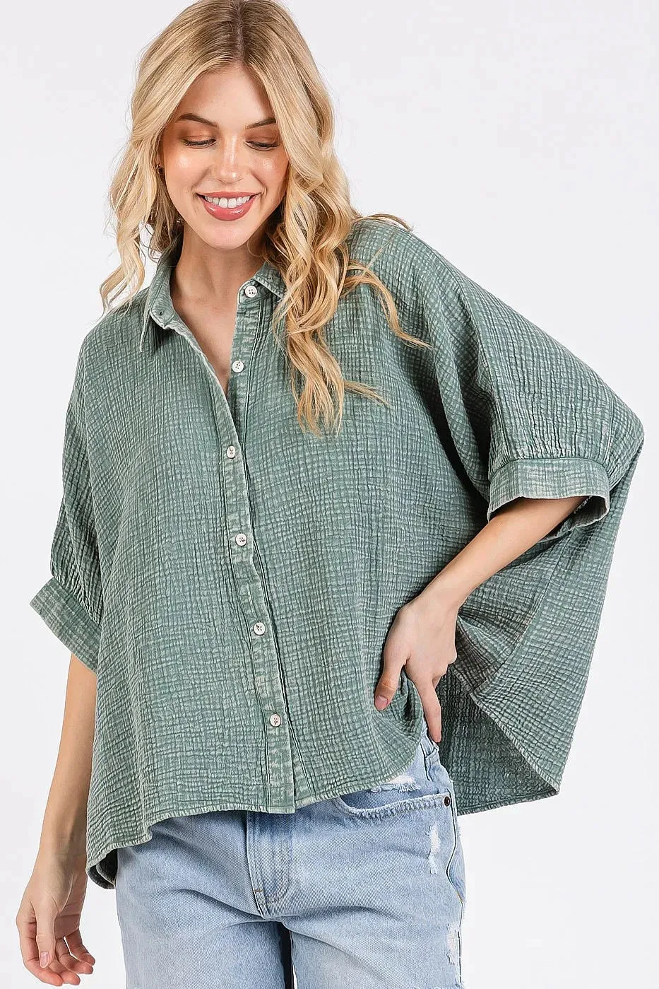 Mittoshop Mineral Wash Gauze Dolman Sleeve Button Down Shirt