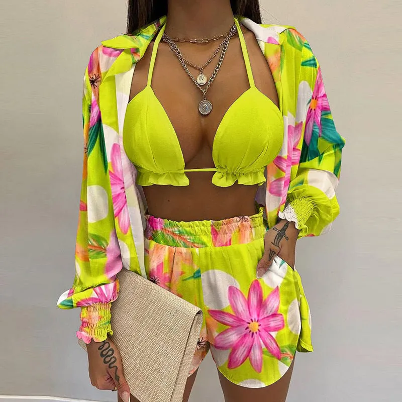 MOMENTLOVER New Cross-border  2025 women's clothing sexy three-piece set,  autumn beach fashion shorts set